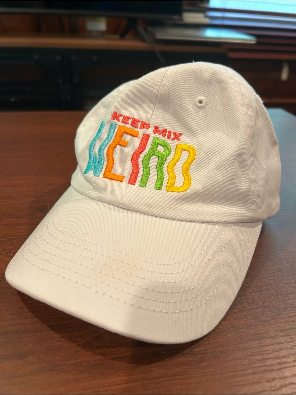 White 'Keep Mix Weird' Embroidered Baseball Cap